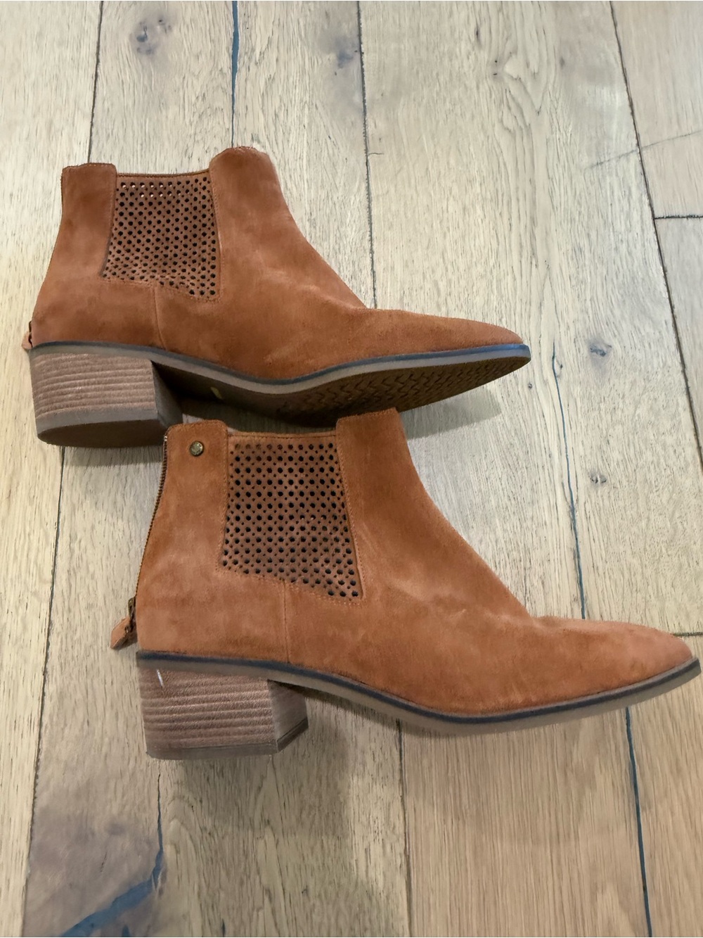Western Boot Toe on Cole Haan Cognac Suede Perforated Ankle Booties 8 C Wide